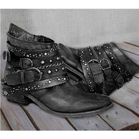 Retro Womens Leather Rivet Boots